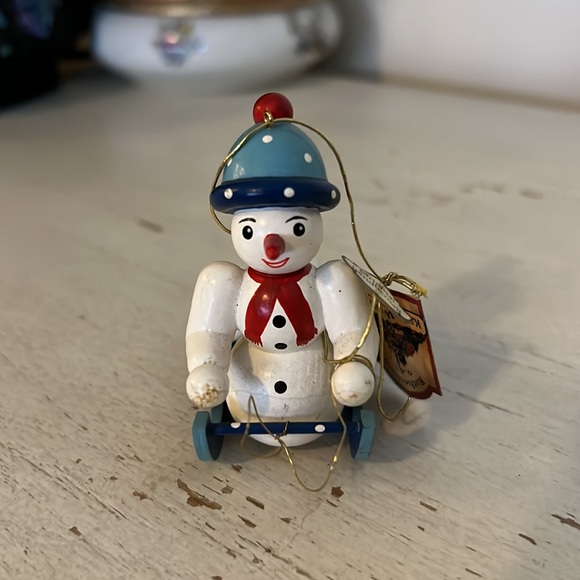 Vintage Kathe Wohlfahrt Christmas ornament w/tag snowman on sled Germany - Picture 2 of 5